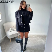 xeasy tweed jacket set two piece sets women skirt fall 2021 womens fashion black single breasted jacket high waisted skirt suit