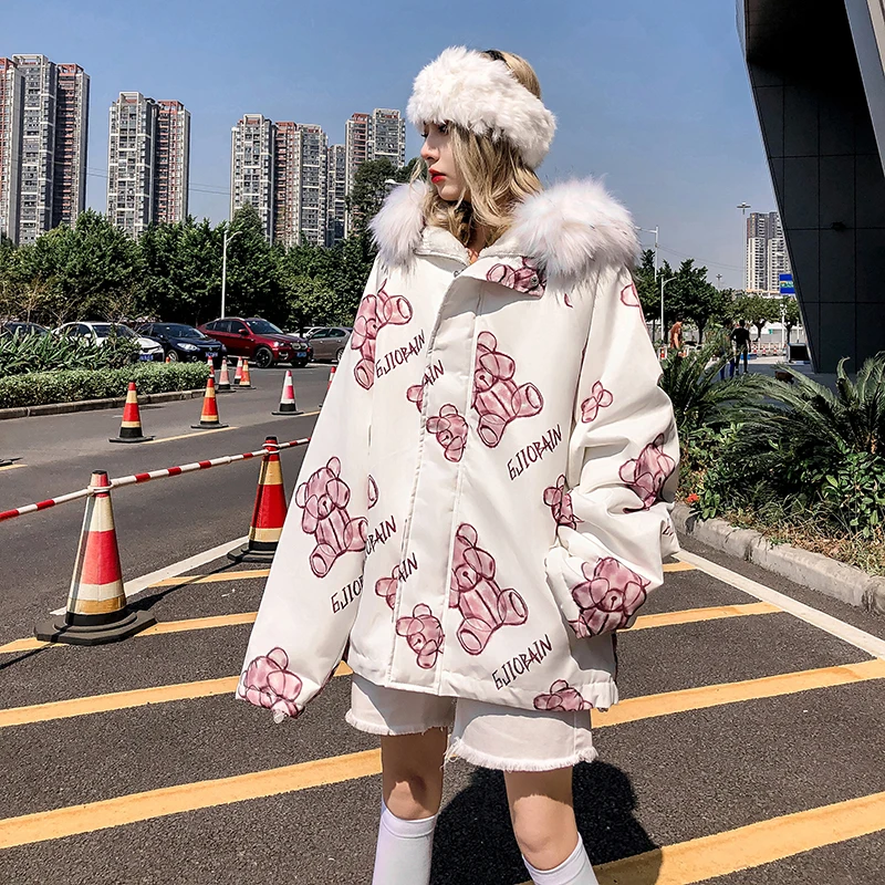 Парка с меховым воротником толстая рисунок милым медведем Harajuku уличная Мужская
