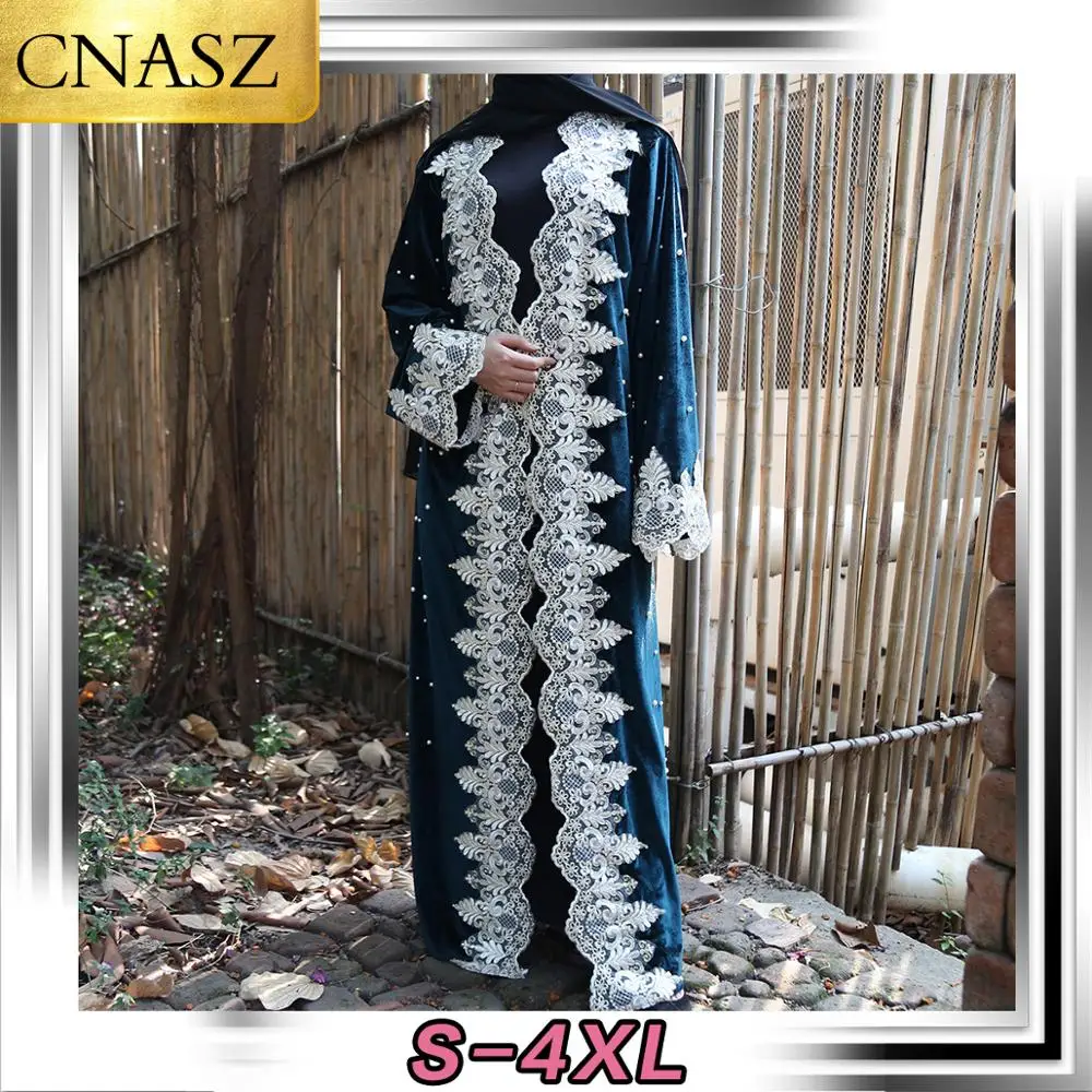 2021 Fashion Velvet Abaya For Women Loose Lace Stitching Beaded Gold Cardigan Dubai Islamic Robe Elegant Kimono | Тематическая