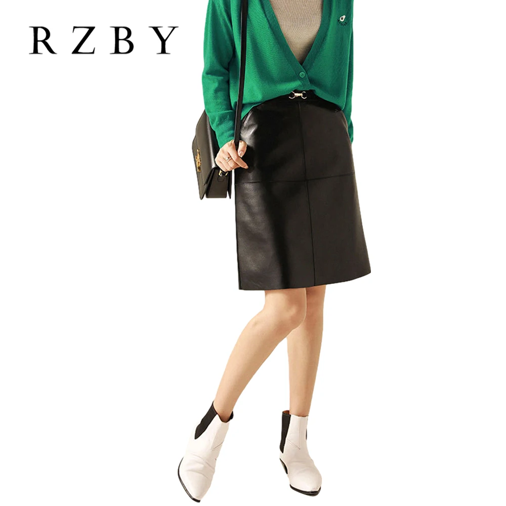 Women Genuine Leather Skirt  High Waist Real Natural Sheepskin 2020 New Elegant Office Lady Work Wear Midi A-line Falda  RZBY289