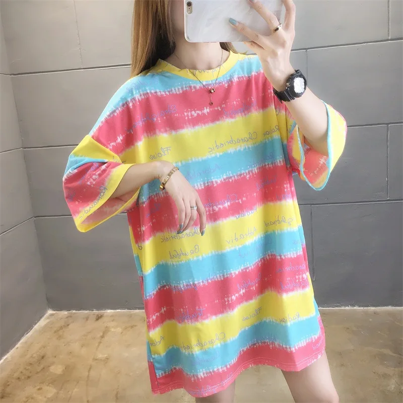 

New 2021 Summer Women T Shirt Fashion Casual O Neck Short Sleeve Women's Top Loose Striped Print Oversized T Shirt M-2XL