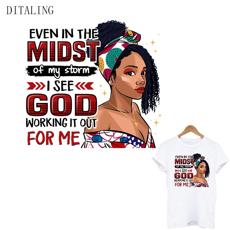 

Black girl heat transfer sticker, African American women heat transfer sticker, hooded T-shirt, God works for me, DIY
