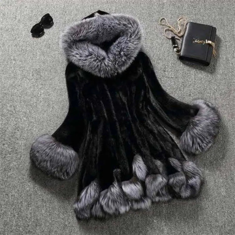 

2019 Autumn And Winter Faux Fox Fur Open Stitch Women Full With Fur Trim Hood Slim Cloak Coats Streetwear Fashion Slim Fur