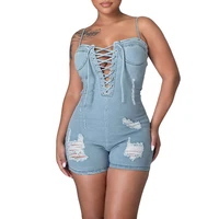 women denim blue jumpsuit suspender sexy backless bodysuit hollow out spaghetti strap overalls with pockets ladies romper d30