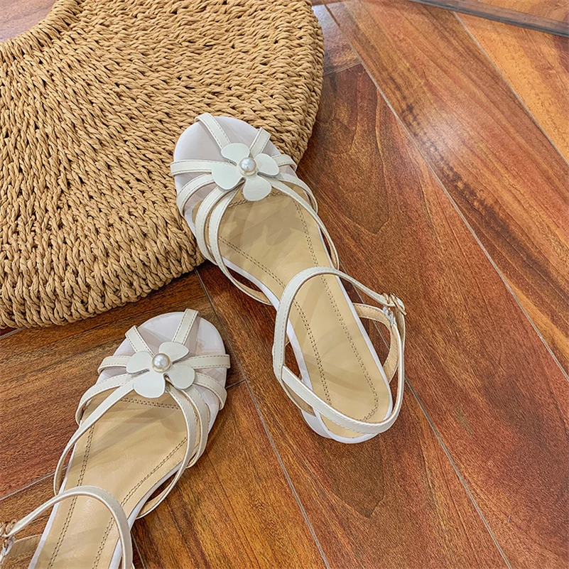 

Meotina Sandals Shoes Women Natural Genuine Leather Sandals Flower High Heel Shoes Square Toe Round Heel Lady Footwear Summer 43