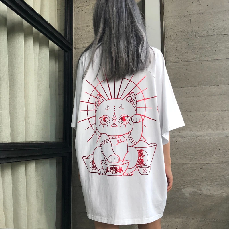 Готический стиль Lucky Cat Печать негабаритных футболка для женщин короткий рукав тройник Эстетическая Корейская одежда