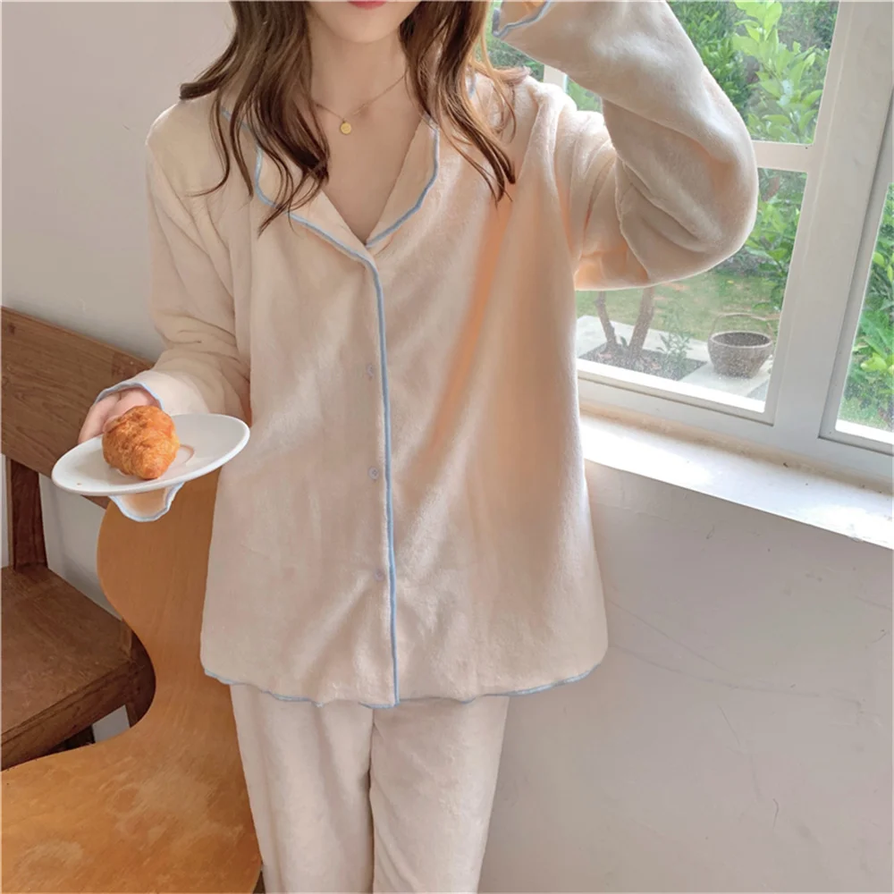 

Harajuku Minimalist Girls Cotton Women Sleepwear Clothe Casual Thicken 2021 Chic Soft Sweet Velvet Autumn Loose Pajama Suit