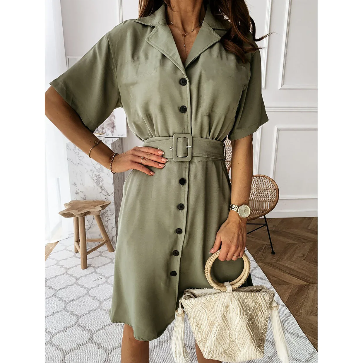 

Summer Casual Shirt Dress Fashion Midi Dresses with Belt Women 2020 Solid Color Short-sleeved V-neck Button Vestidos De Fiesta