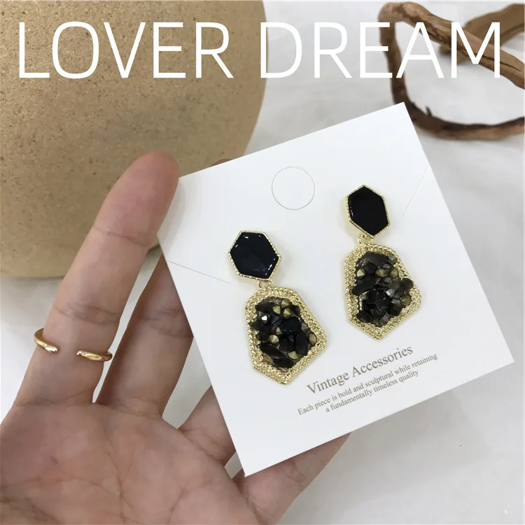 

New Korean Crystal Natural Stone Dangle Earrings for Women Vintage Geometric Metal Pendant Drop Earrings Fashion Jewelry 2020