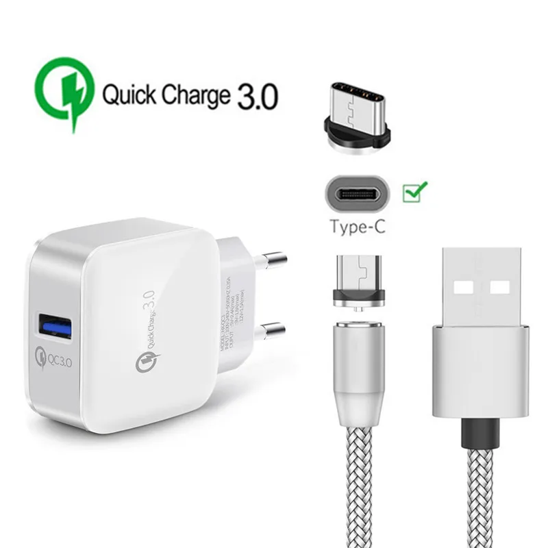 EU charger and cable Магнитный зарядный кабель типа C для samsung S10 A20E A30 A50 LG Stylo 5 sony Xperia 10 XA1 XZ3 Магнитный USB кабель QC 3,0 быстрое зарядное устройство - Тип штекера: EU charger and cable