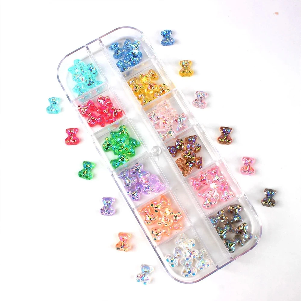 12 grid box 60Pcs 3D Cute Bear/Butterfly Resin Nail Art Decorations Aurora Rhinestone for Nails Glitter DIY Manicure Accessories