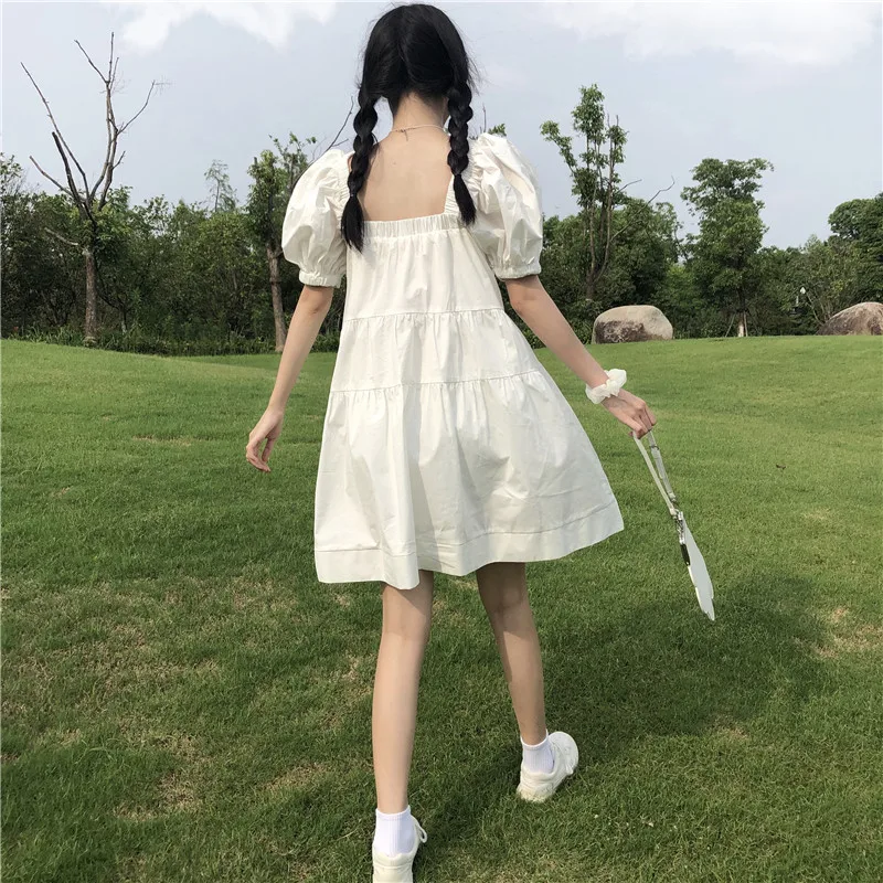 

Mori Girl Square Collar 2021summer Cotton Dresses Fashion Casual Beach Women Vintage Bowknot Korean Puff Sleeve Femme Dresses
