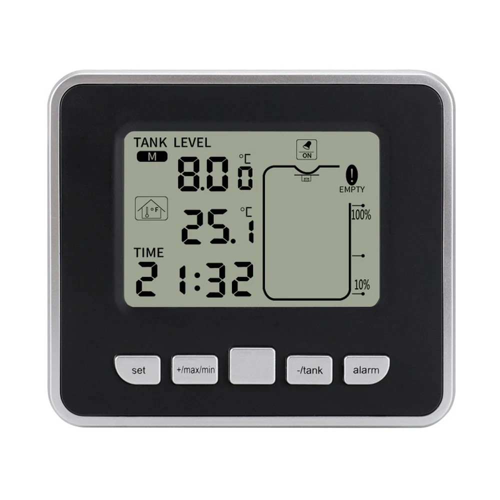 

Ultrasonic Water Tank Level Meter Temperature Sensor 3.3 Inch LED Display Liquid Depth Indicator Time Alarm Transmitter Tools