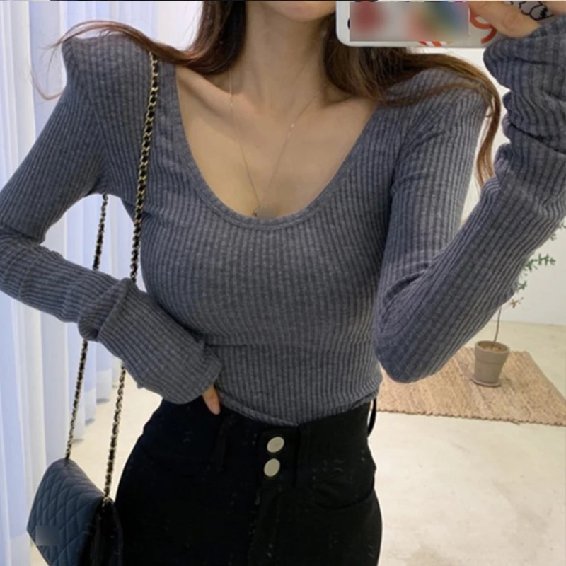 

grey 2019 South Korea T shirt Women New Spring Solid sexy Slim Fit skinny Tee Long Sleeve Tshirt Tops female girls t shirt