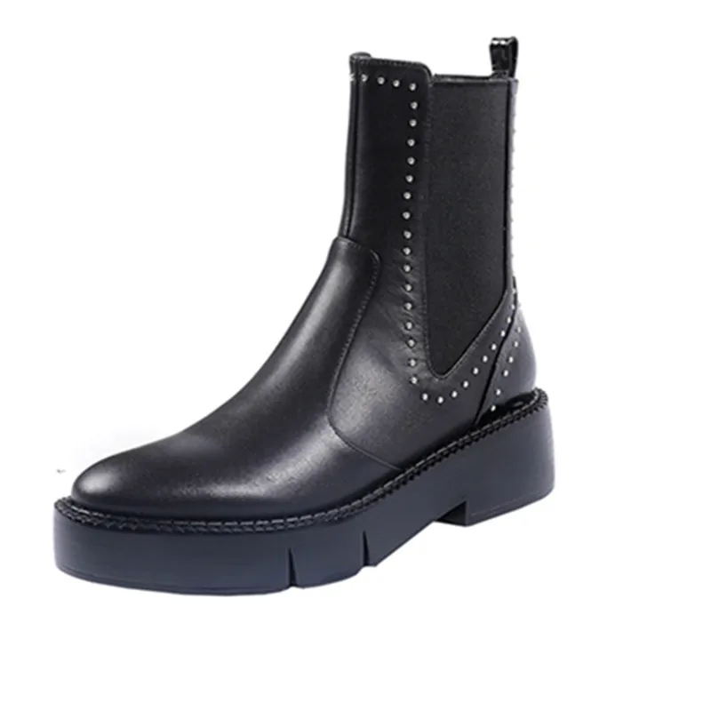 

New Autumn Leather Black Rivet Women Ankle Boots Casual Platform Chelsea Riding Booties Thick Bottom Round Toe Slip-On Shoes