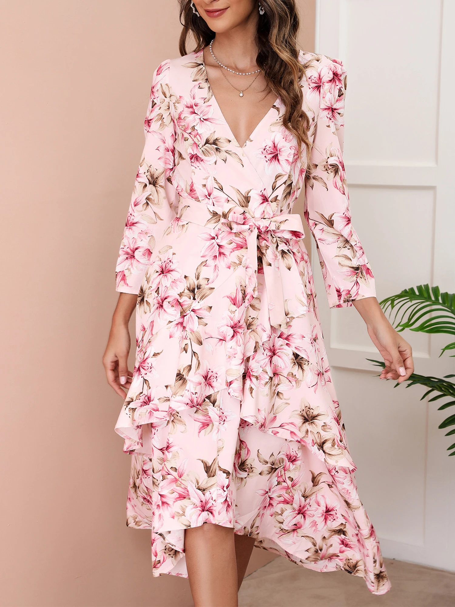 

Women's Floral Dress Lace Up Spring Autumn Casual V-Neck Drawstring Wrap Dress Elegant Party Dresses Roupas Femininas Da Moda