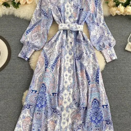 

Court Wind Print Dress Women Autumn Fashion Long Sleeve Stand Collar Flowers A-line Dress Retro Korean Style Maxi Dress Robes