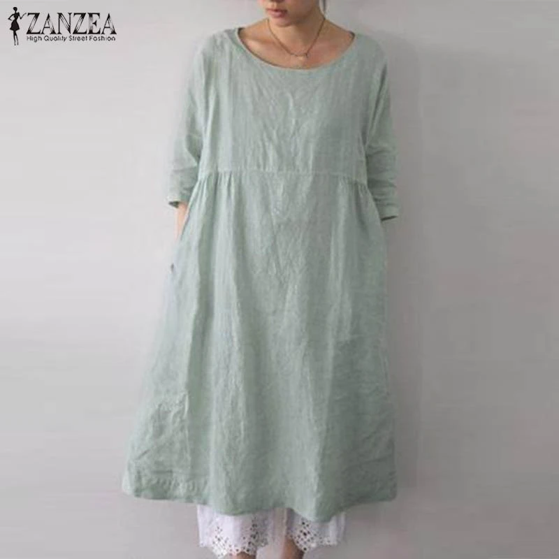 

2021 ZANZEA Vintage Solid Dress Women's Half Sleeve Sundress Fashion Female Shirts Dress Knee Length Party Robe Femme