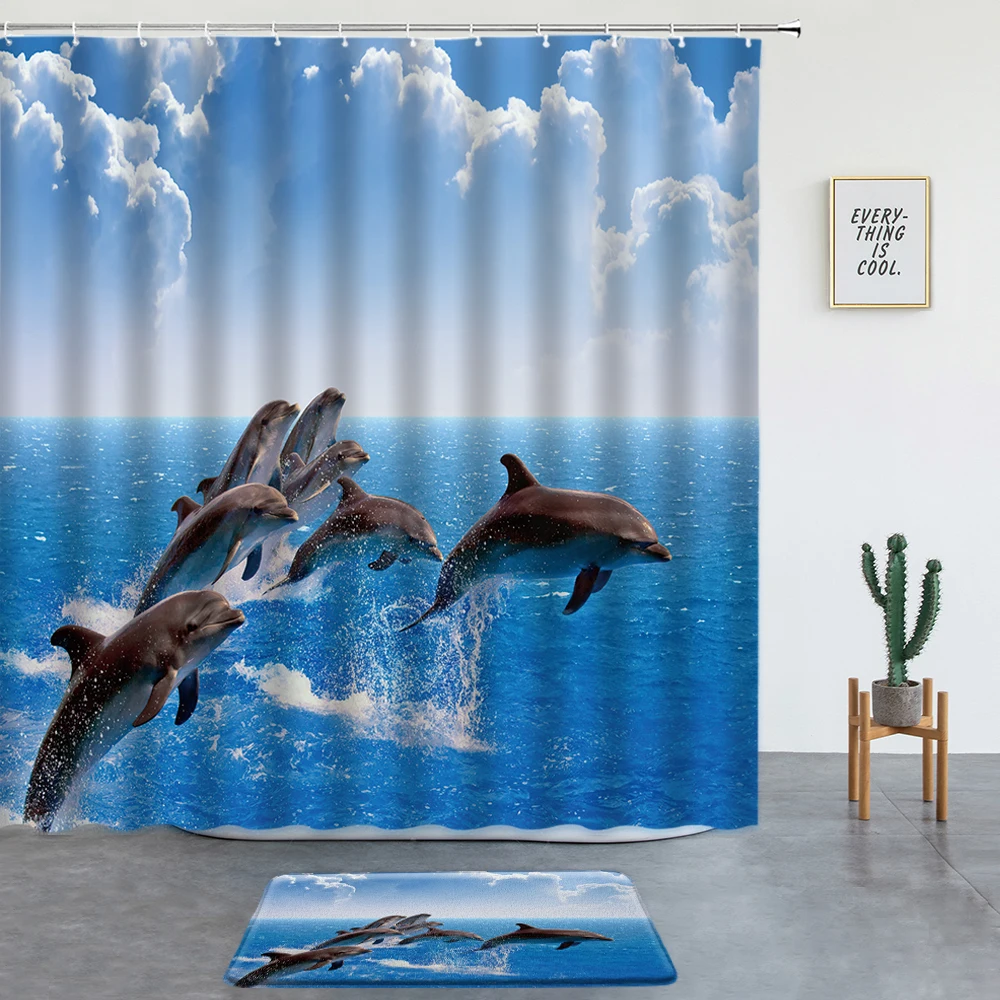 

Dolphin Shower Curtains Set Bath Mats Ocean Animal Bathroom Kitchen Room Decoration Carpet Screen Entrance Doormat Non-slip Rugs