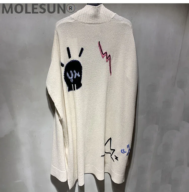 

beige CACHEMIRE cardigan Women long Cardigan PONCHOSKULL Stars Embroidered Back Oversized Short Sleeves Cape Coat knitwears
