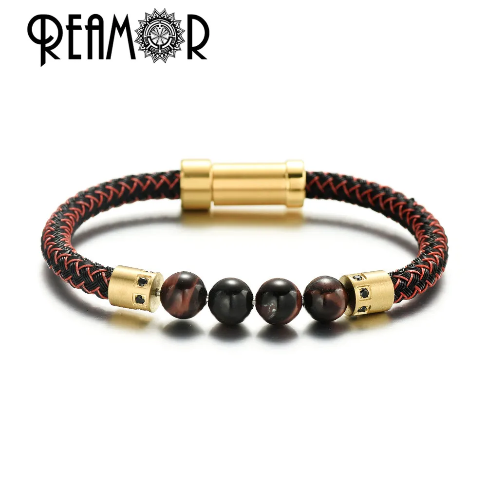 REAMOR роскошные мужские браслеты красный натуральный камень сделай сам съемный
