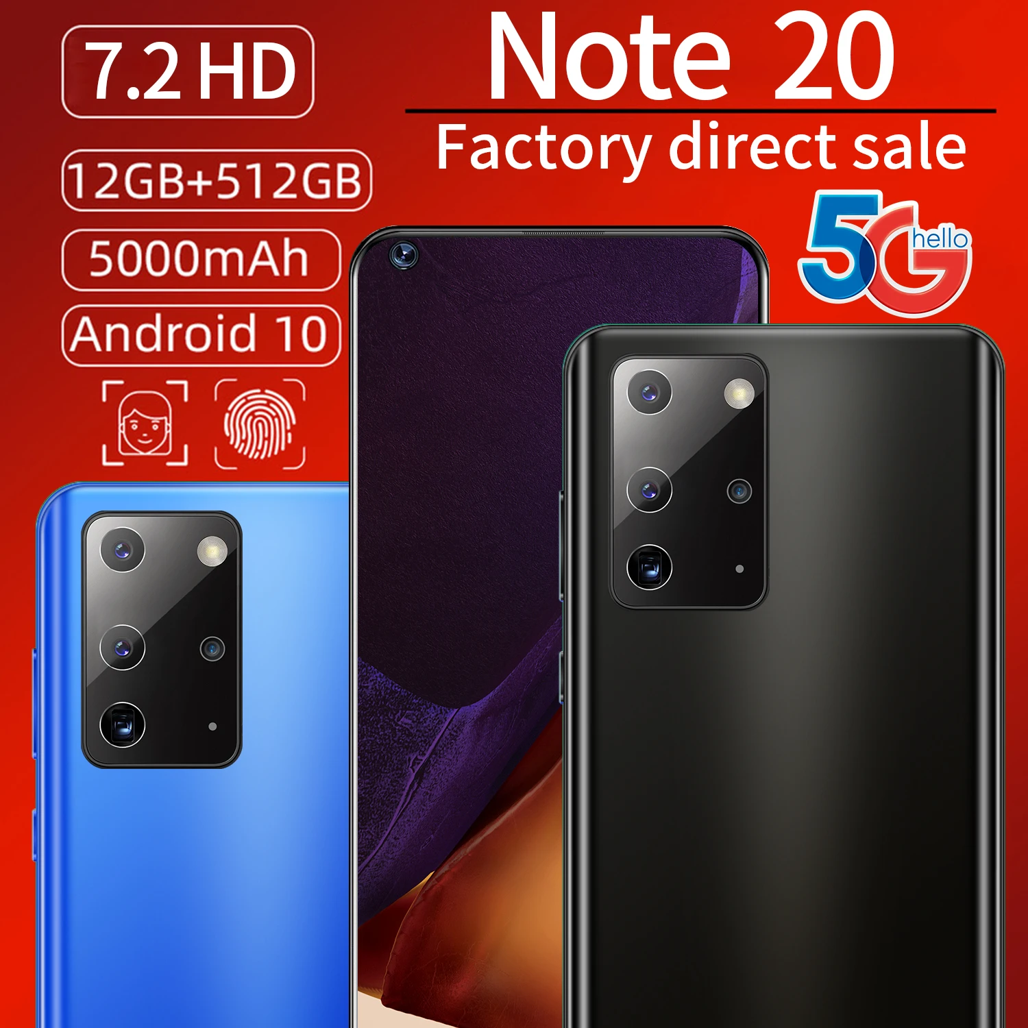 

5G Smartphone Sansumg Galay Note 20 Android10.0 Deca Core 12+512GB Snapdragon888 Cellphone Fingerprint ID Dual SIM Mobile Phone