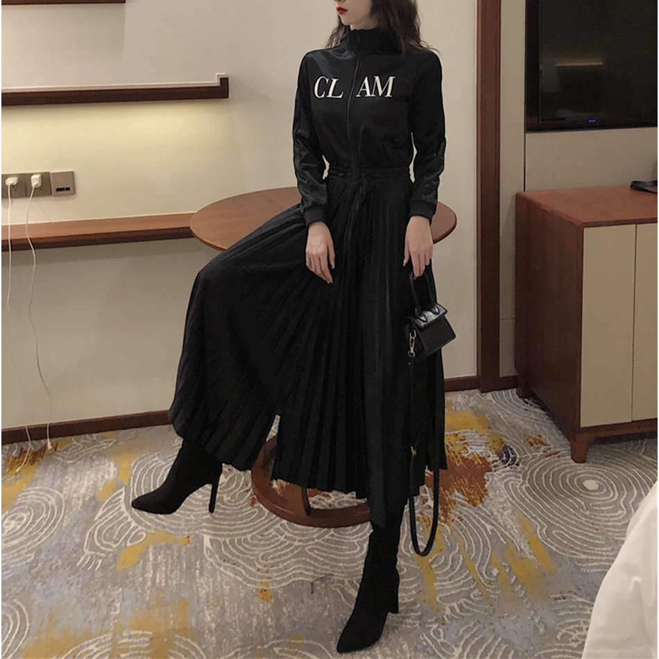 Latest women's spring pleated dress black office elegant long-sleeved stand collar celebrity party Vestidos | Женская одежда