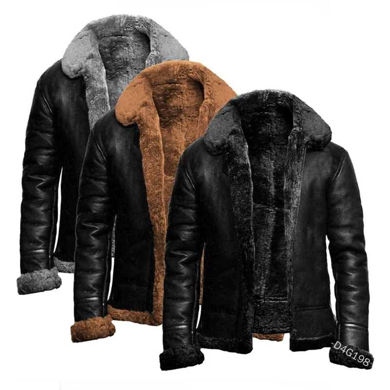 Winter Coats Men Thick Faux Leather Fur Sheepskin Coat Fur Leather Jacket Zipper Fly Belt With Hat Male Plus Size Aviator Jacket