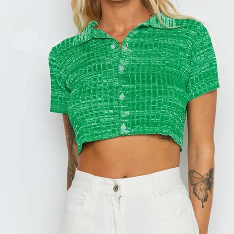 

Женская летняя модная Однотонная футболка на пуговицах, облегающие Топы с коротким рукавом и отложным воротником, уличная одежда