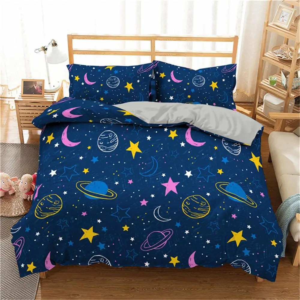 

Cartoon Planet Print Bedding Set Cute Bedspread for Kids Queen King Size Bedclothes Stars Duvet Cover with Pillowcase 2/3pc
