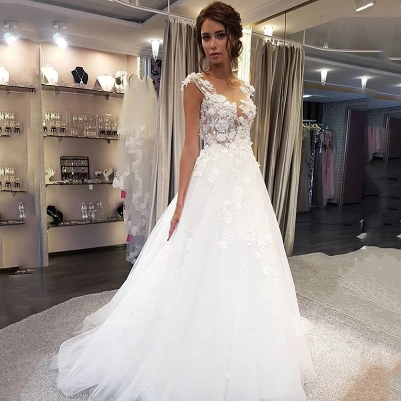 

Robe Dubai Mariee Arabic Wedding Dresses Lace Applique A Line Sweep Train Bridal Gown Dress Cap Sleeve Illusion Vestido de noiva