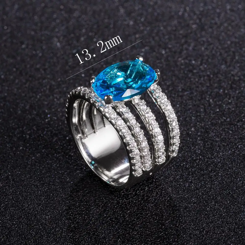 

Luxury blue Ellipse Rings for women Crystal Glass Micro Pave Full white Cubic Zirconia stone silver color Fashion CZ Finger Ring