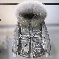2021 new winter sliver down coats puffer jackets women fashion glossy sequins real big fox fur collar down overcoat female