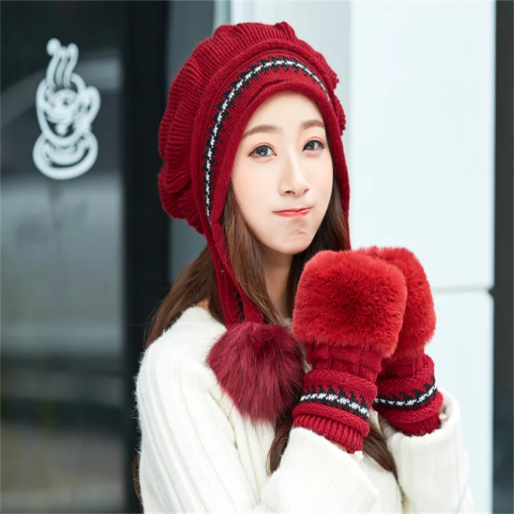 Женский трикотажный комплект из шапки и перчаток зимняя модная теплая шерстяная
