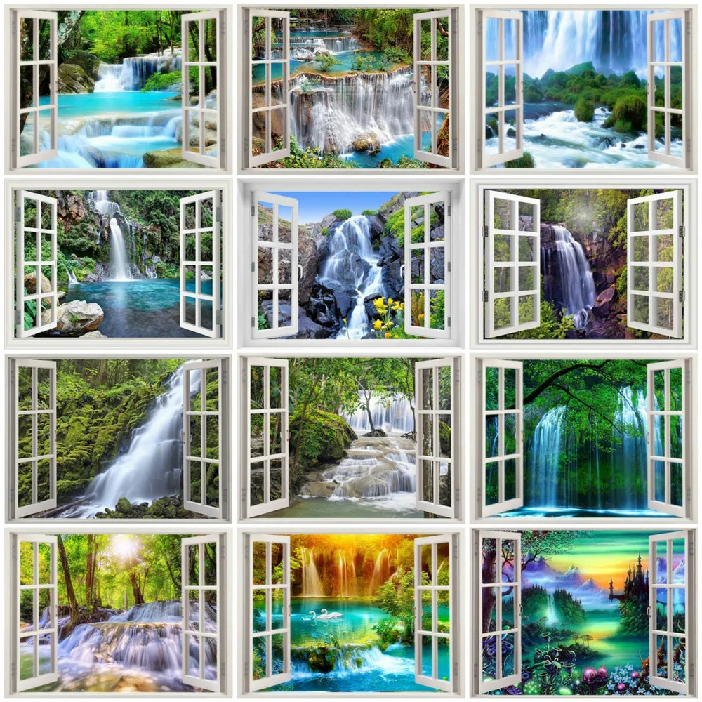 

HUACAN 5D DIY Picture By Numbers Window Scenery HandPainted Wall Art Paint By Number Waterfall For Living Room