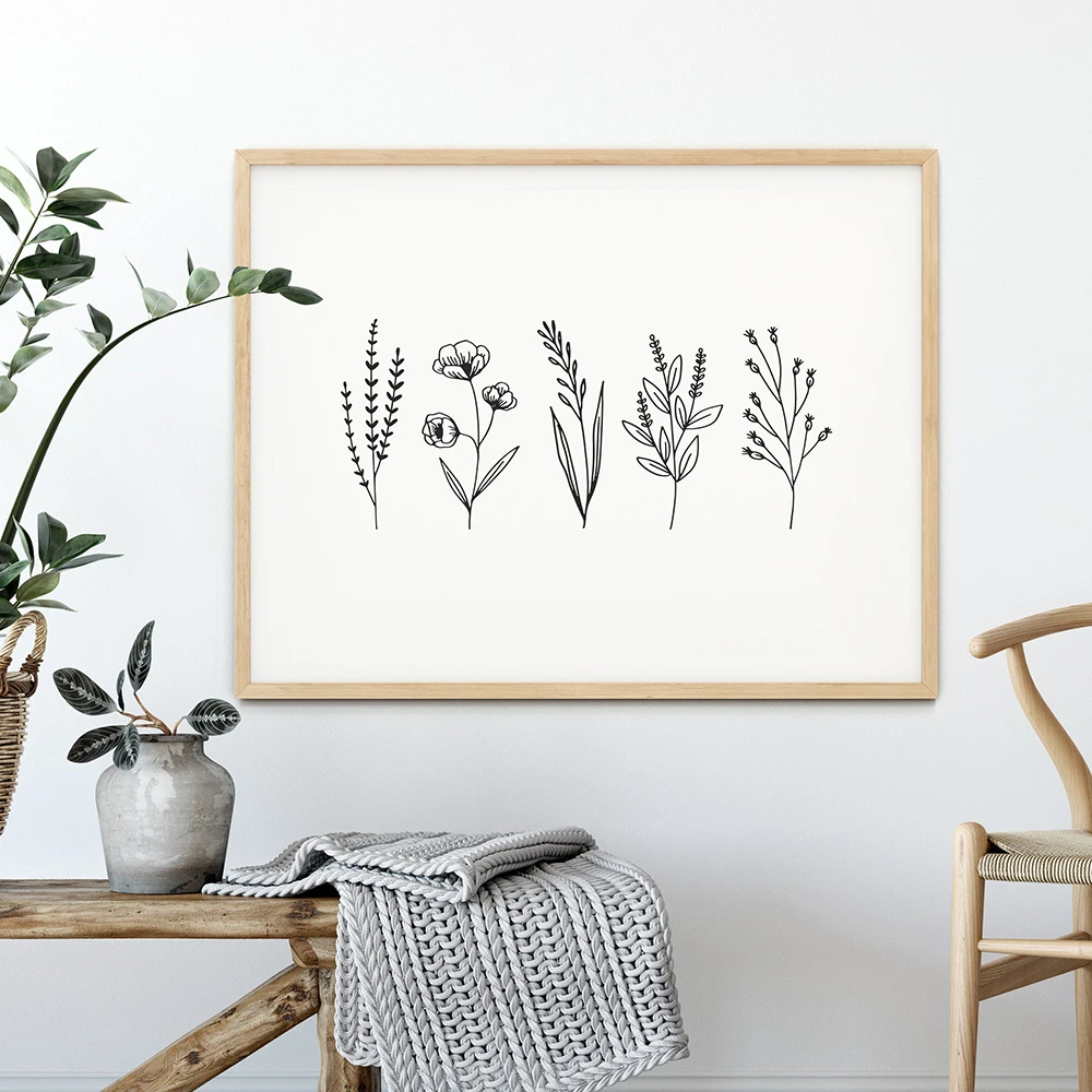 Черно-белая ботаническая линия художественные принты минималистичный