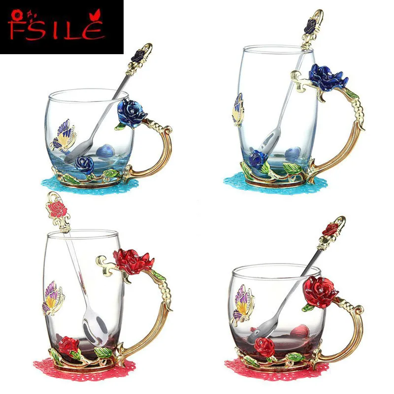 Красная синяя розовая эмаль Хрустальная чайная чашка кофейная кружка Бабочка
