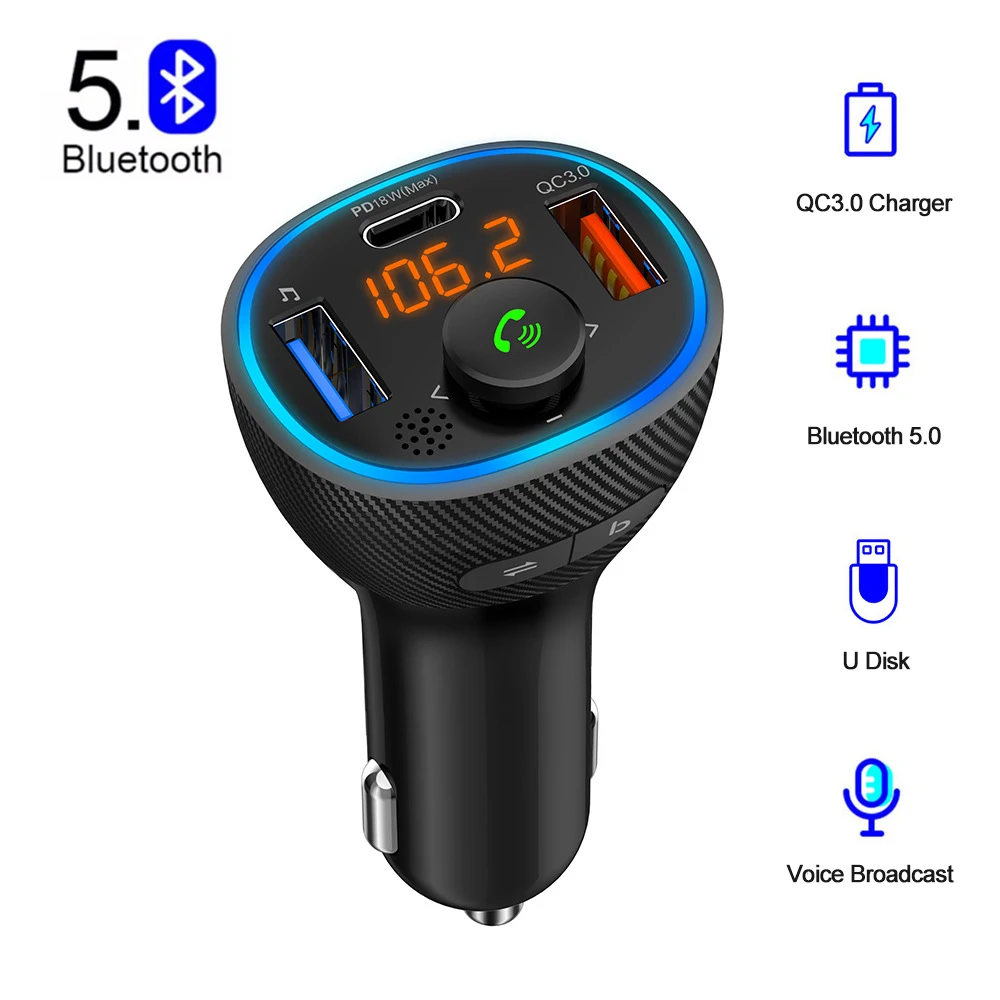 

Автомобильный FM-передатчик Konrisa, Bluetooth 5,0, mp3-плеер PD 20 Вт, быстрая зарядка QC3.0, два USB Type-C, автомобильное зарядное устройство