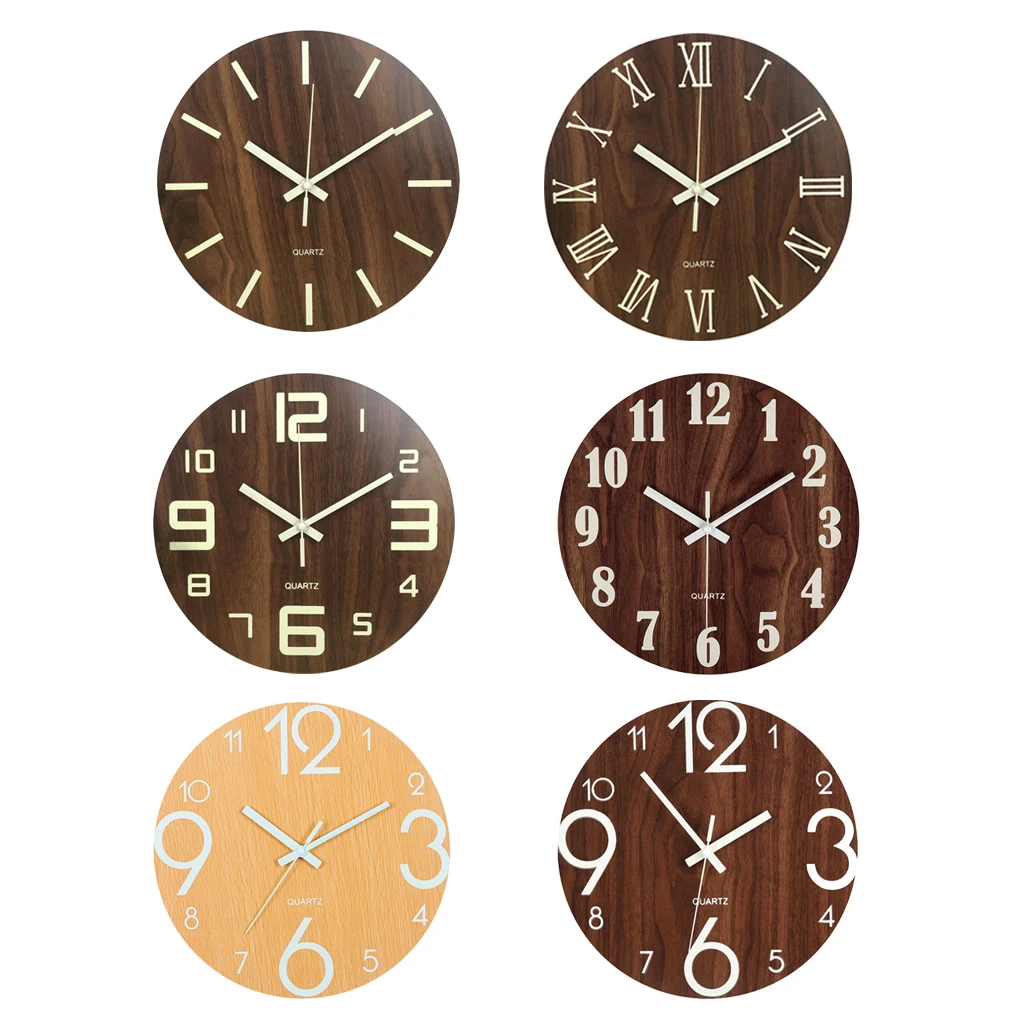

Rustic Style Round Luminous Wall Clock 12'' Hanging Quartz Clocks Decor