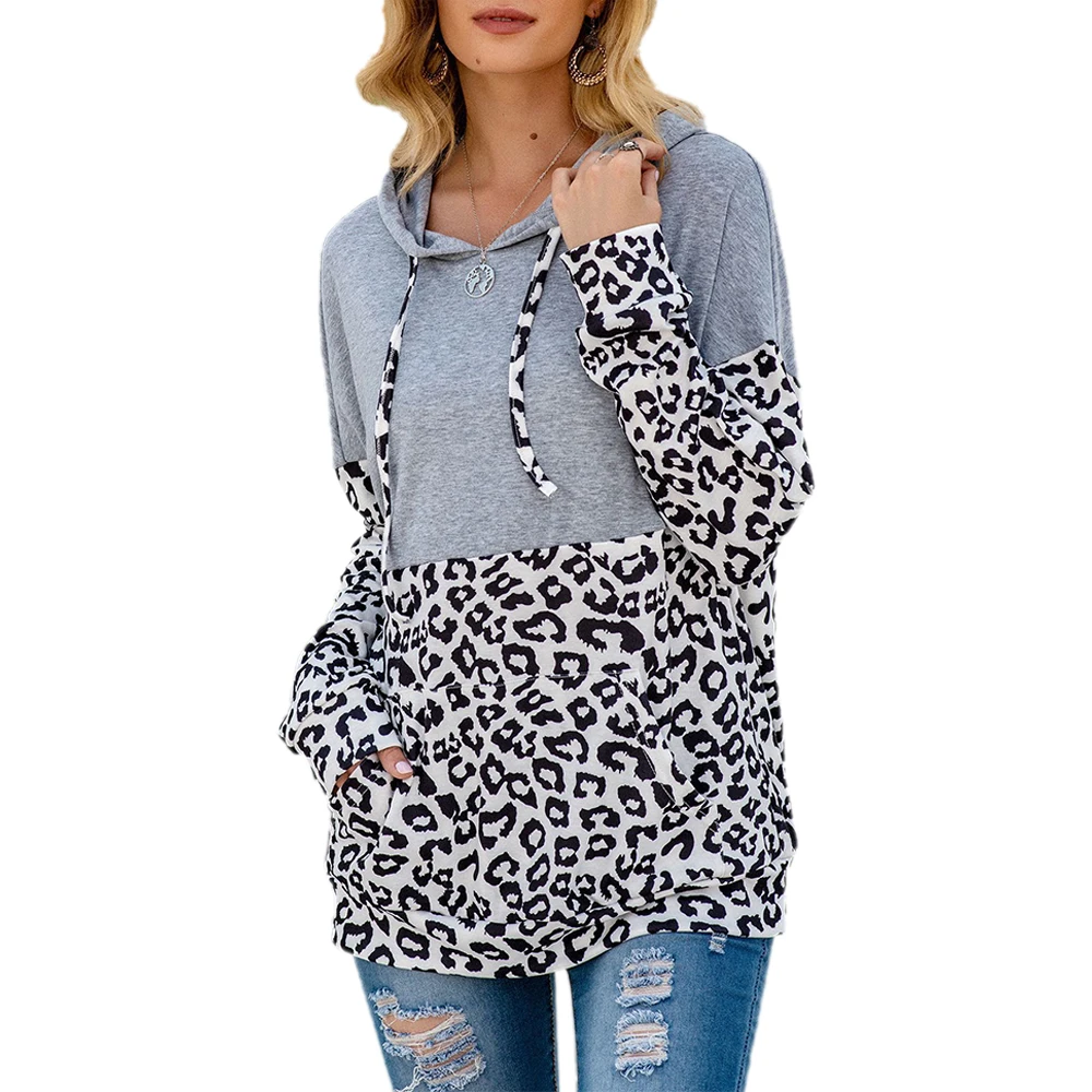 

2020 Leopard Hoodie Womens Color Stitching Hoodies Pocket Long Sleeve Casual Sweatshirts Drawstring Autumn Hooded Pullovers
