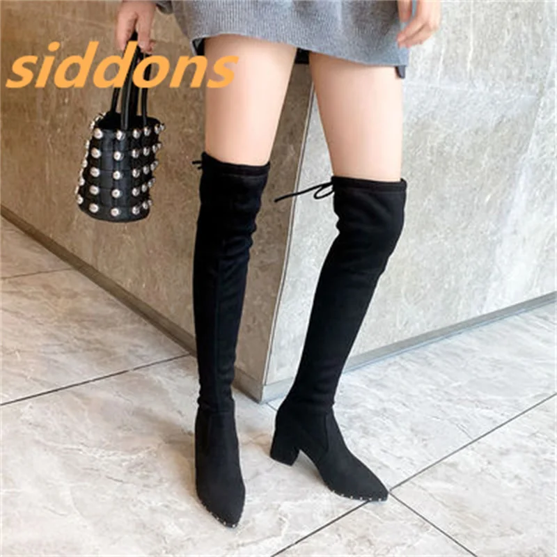 

Женские сапоги с острым носком, осенне-зимние привлекательные Сапоги выше колена, эластичные тонкие сапоги на толстом высоком каблуке