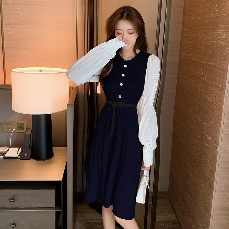 COIGARSAM лоскутное женское цельнокроеное платье корейские новые вязаные платья с