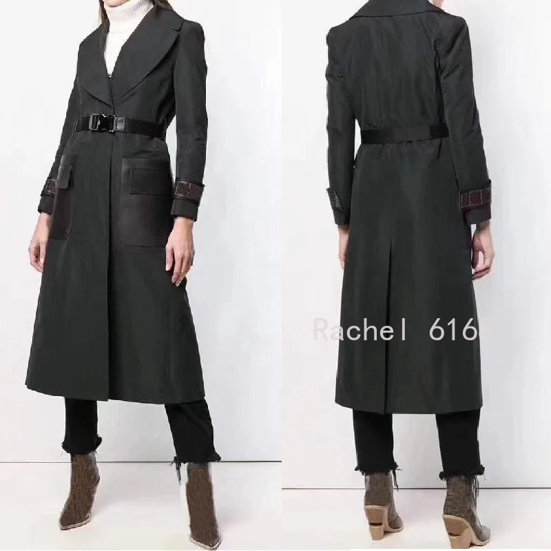 

Luxury Design 2021 autumn winter new parquet pocket belt waist Lapel long sleeve windbreaker inner letter printed women's coat