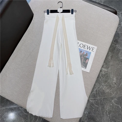 

Knittes Pants for Woman 2021 Winter New Long Belt Drawstring Waist Slim Fit Wide Leg Trousers Lady Streetwear Sweatpants