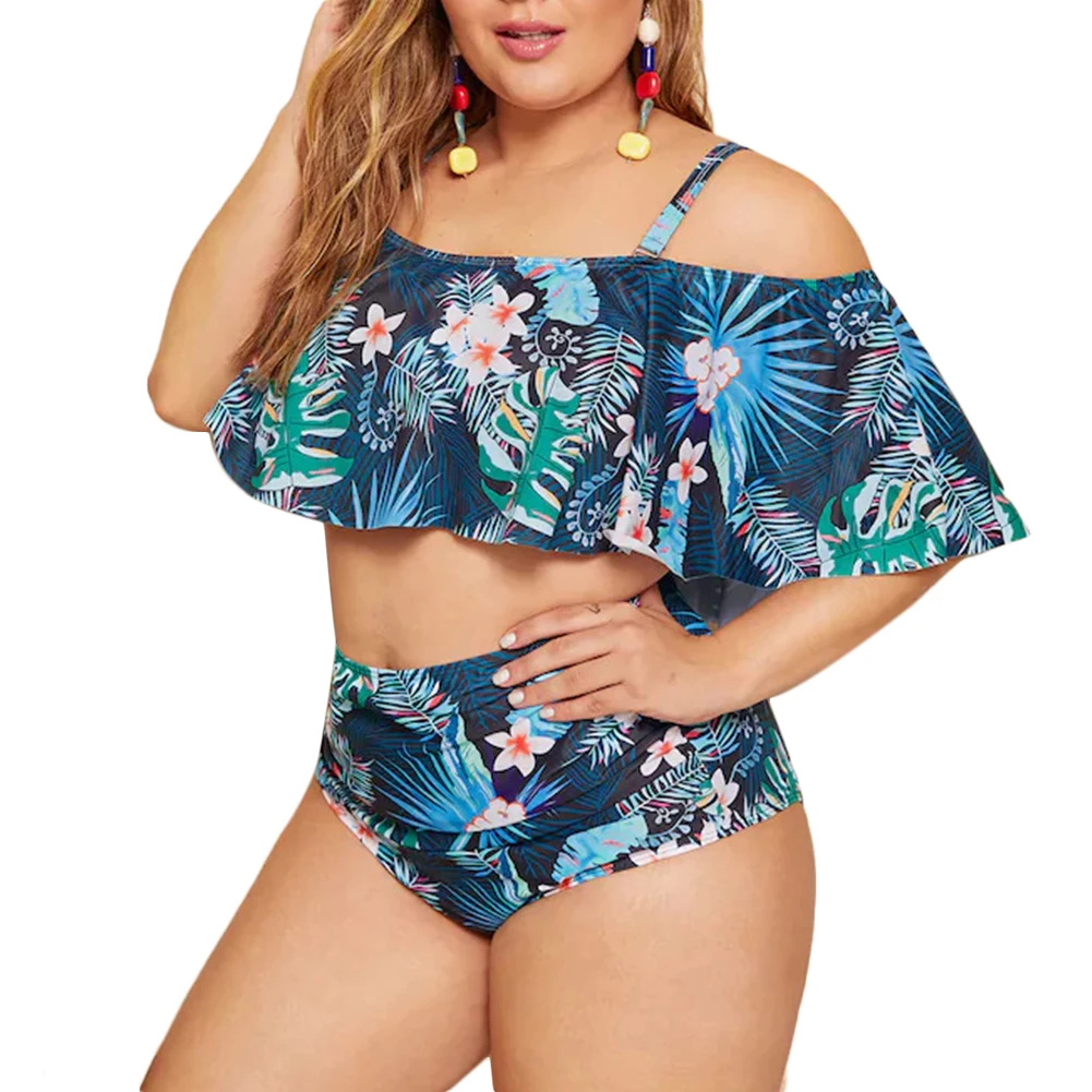 Женский комплект бикини купальный костюм с синими тропическими растениями и