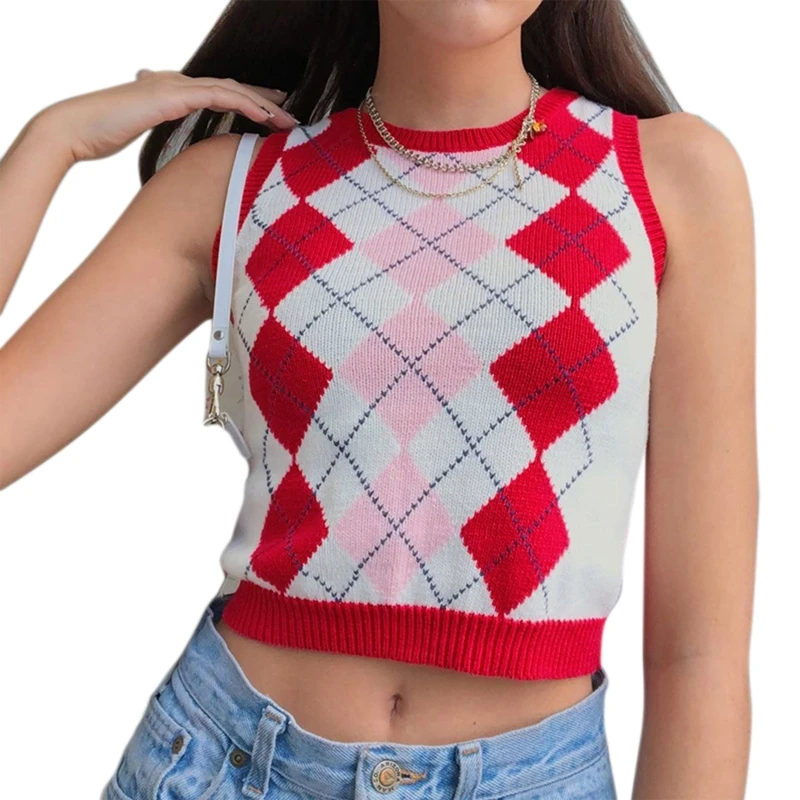 

Винтажный Красный Клетчатый вязаный жилет с узором ромбиками, женский свитер без рукавов в стиле преппи с круглым вырезом, Осенний Повседне...