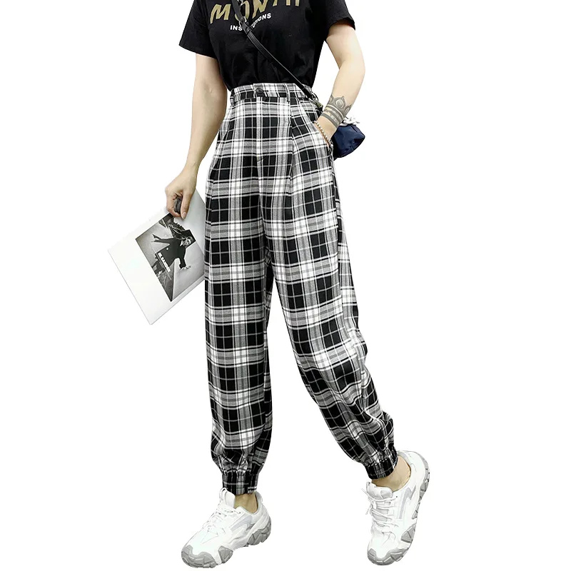 

99163 Black White Plaid Trousers Women Spring New Korean Version Loose Thin Nine-Point Beam Harem Pants Feet Casual Clothing