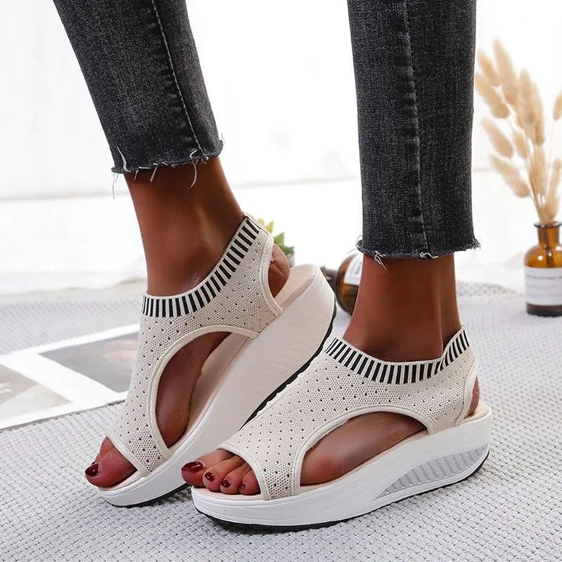 

Women Slip On Knitting Wedge Sandals Ladies Open Toe Casaul Summer Shoes Female Pltaform Fashion Comfort Footwear 2021 Hot