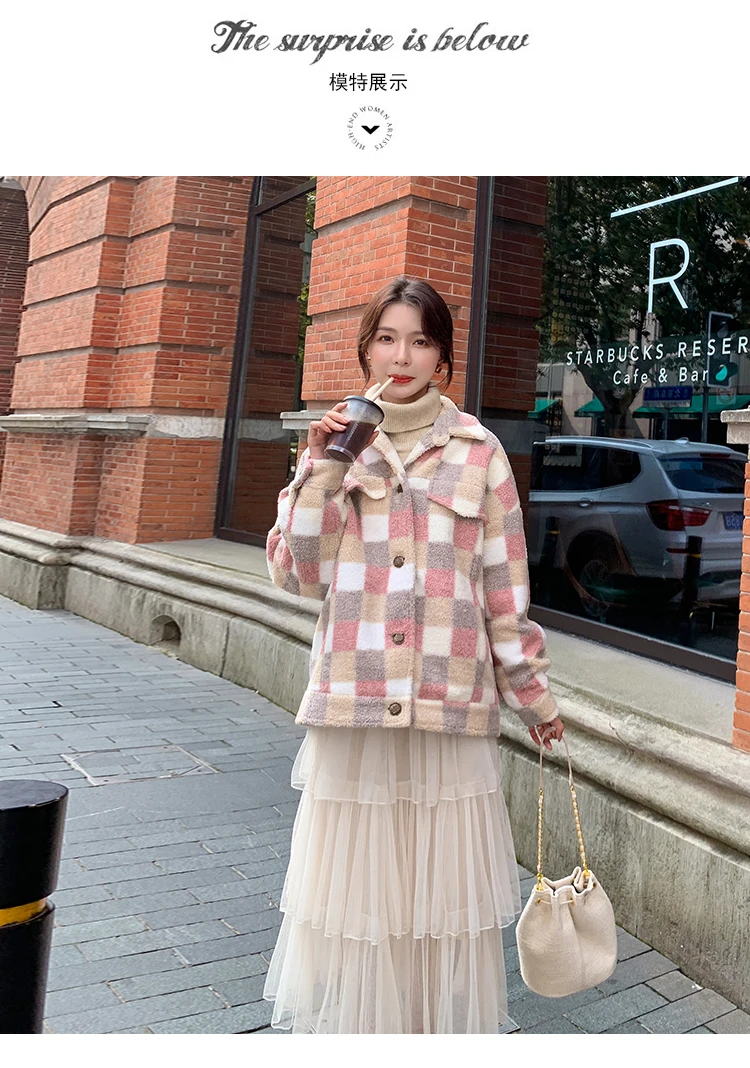 

Autumn Winter New Women Plaid Jacket Loose Casual Korean Elegant Ladies Fashion Plush Coat Outerwear Female 9127
