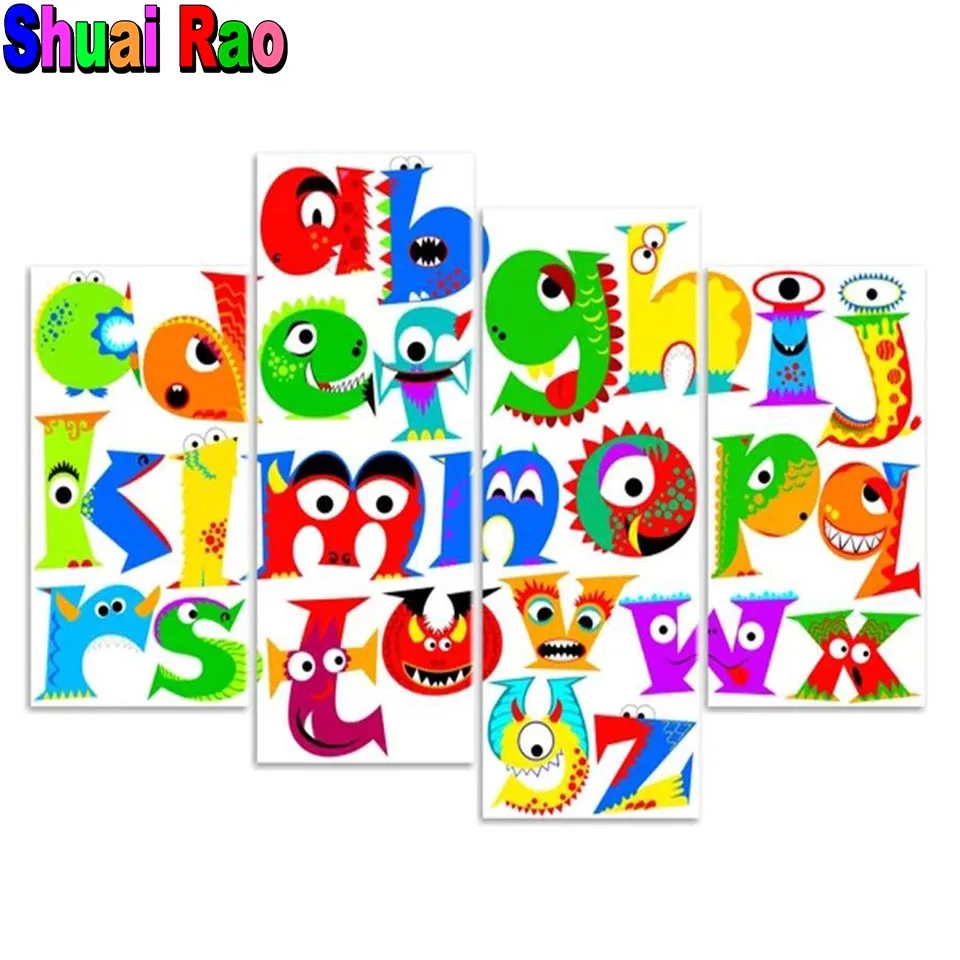 

4 piece diy diamond painting Cartoon Cute Letter flowers full square round mosaic embroidery Kid's Room decoration FG0479